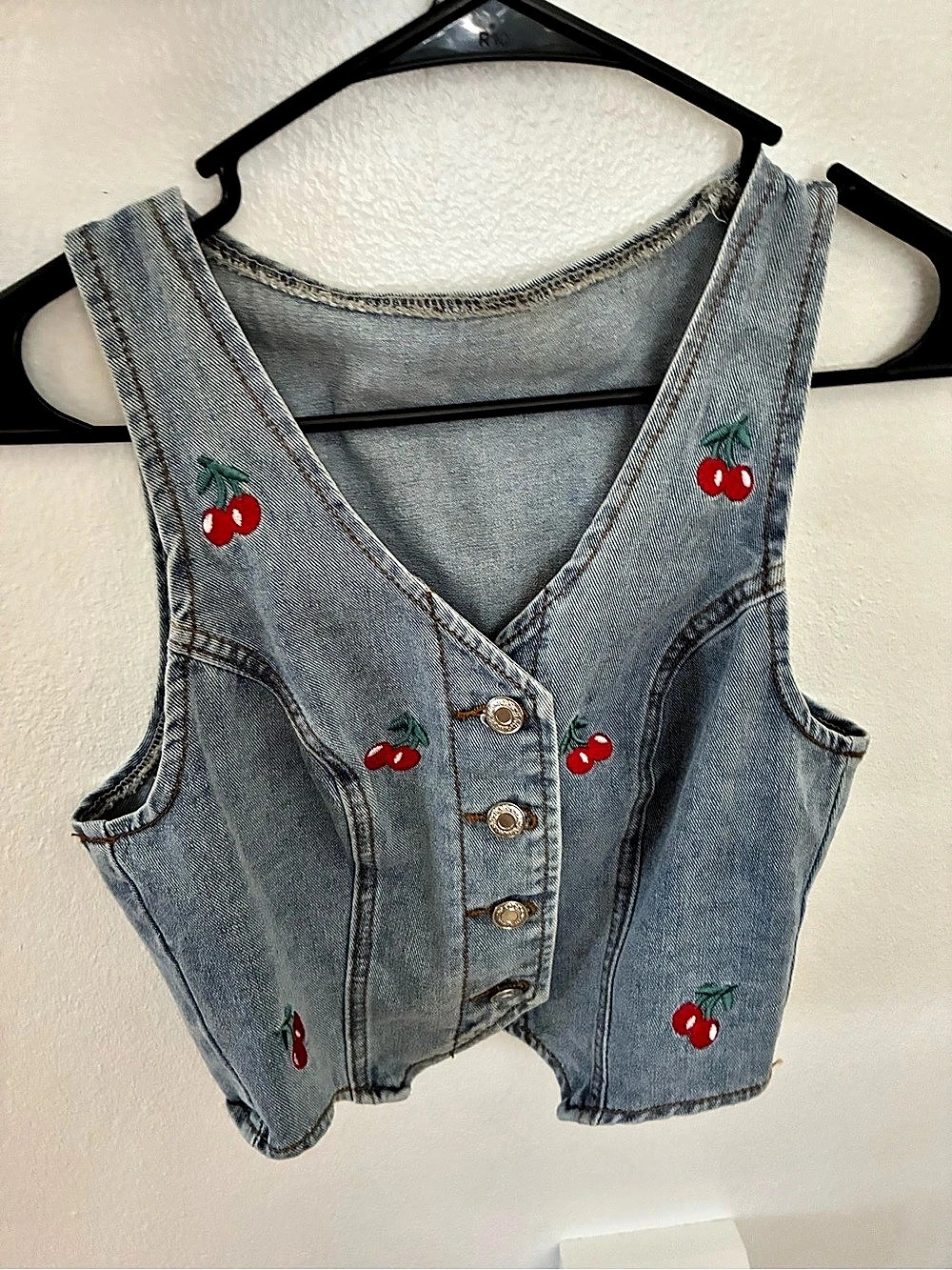 SHEIN Cherry Embroidery V-Neck Denim Vest Blue & Red Small